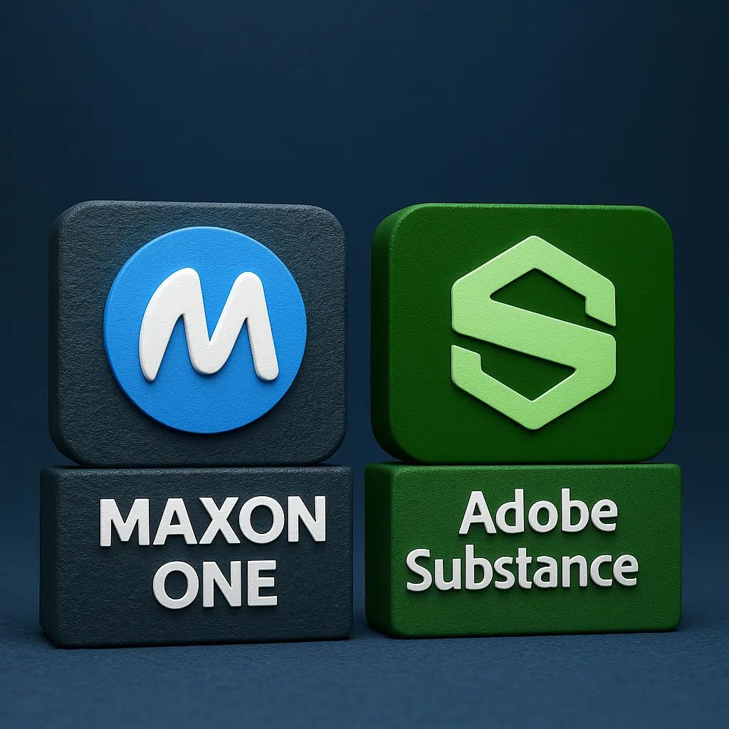 Maxon One Adobe Substance 3D bundle logo blocks on a dark background showcasing creative software options