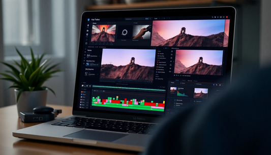 AI video editing plugins shown on a laptop screen with editing software interface