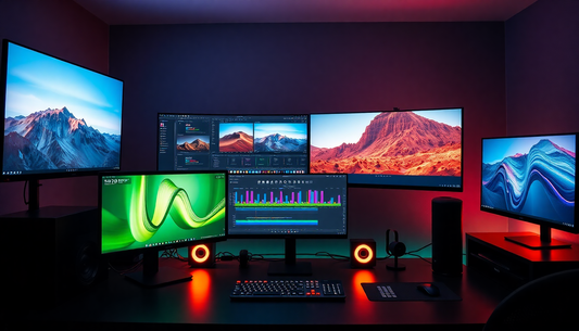 Creative workspace showcasing best video editing plugins 2025 on multiple monitors with a focus on editing software